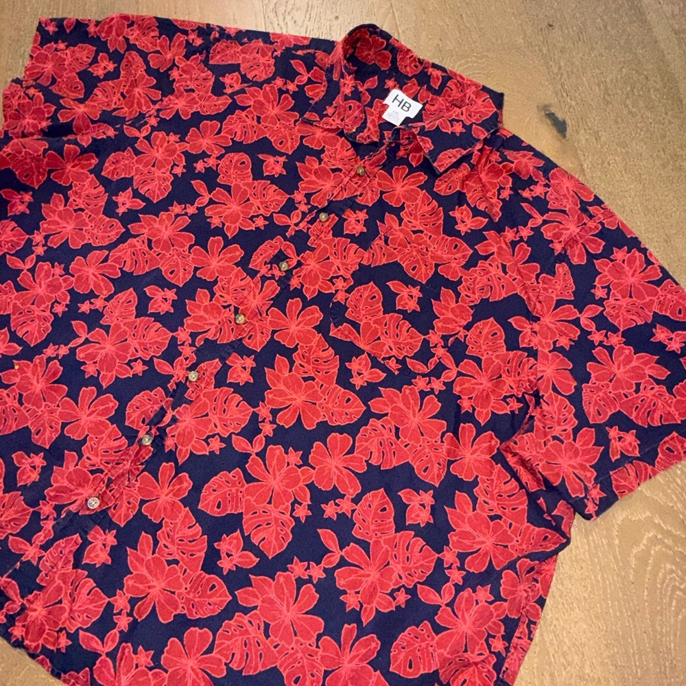 HB Mens 4XL Floral Button Down Shirt Red Navy Tropical Hibiscus Short Sleeve - Picture 3 of 4